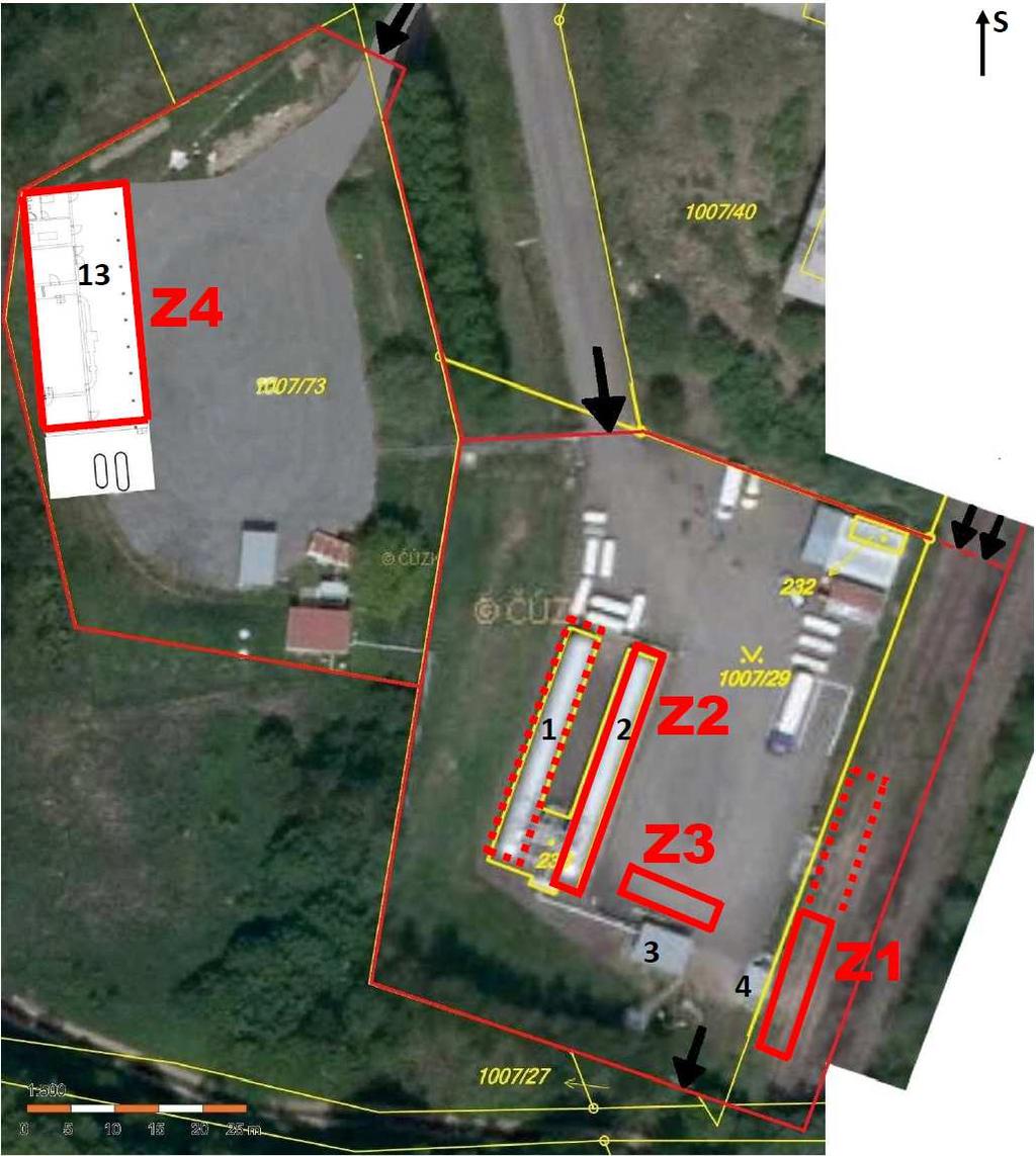 Mapa s vyznačenými vybranými zdroji rizika Selekcí posuzovaných jednotek pomocí metody výběru byly pro kvantitativní analýzu rizika vybrány 4 jednotky: - Z1