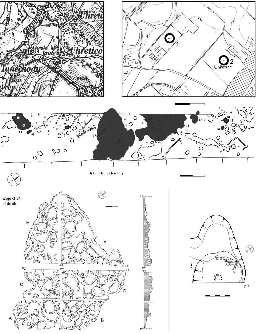 A B 0 00 m 0 0 m C 0 m D 0 m Obr.. Úhřetice, okr. Chrudim A, B: poloha cihelen na mapě : 50000 (stav v. pol. 0. století) a na katastrální mapě. C: plán výzkumu V. Vokolka v l.