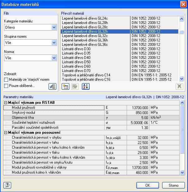 2 Vstupní data Obr. 2.6: Dialog Databáze materiálů V sekci je přednastavena kategorie materiálu Dřevo.