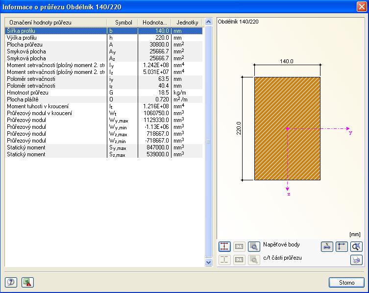 8 Příklad Po kliknutí na tlačítko [Informace o průřezu ] si můžeme prohlédnout průřezové hodnoty posuzovaného průřezu. Obr. 8.