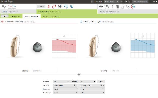 Kontrola akustických parametrů Phonak Target automaticky sloučí akustické parametry, pokud jsou totožné. Akustické parametry lze kdykoliv zobrazit, změnit nebo odpojit. Klikněte na kartu [Nástroje].