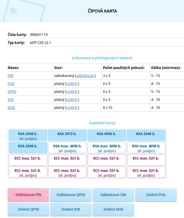 Obrázek 14: Panel s informacemi o čipové kartě (občanském průkazu) 5.1.1 Informace o přístupových kódech Pod základní informací o čipu jsou zobrazeny informace o stavu přístupových kódů občanského průkazu.