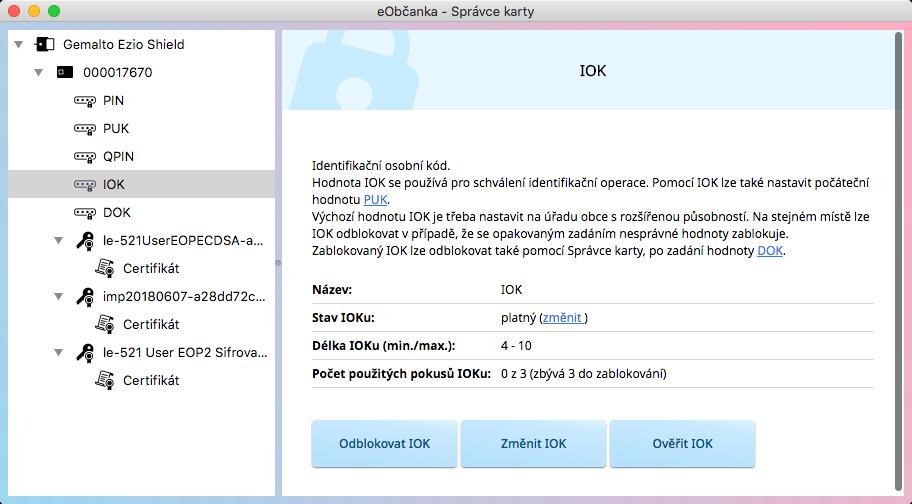 Obrázek 18: Okno s informacemi o přístupovém kódu (IOK) Informace se pro jednotlivé přístupové kódy liší a odrážejí aktuální stav daného kódu.