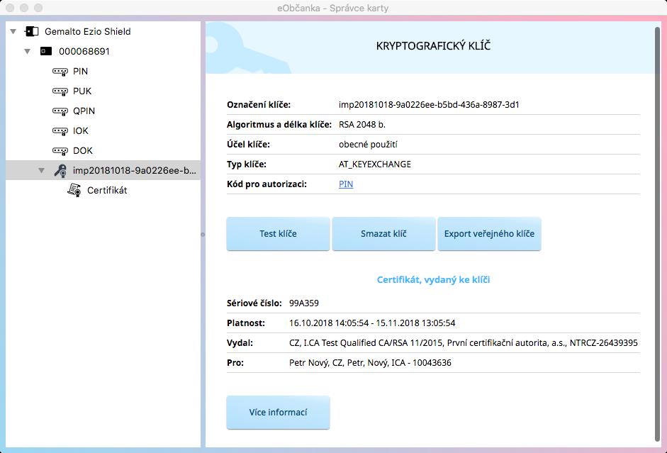 Obrázek 21: Okno s informacemi o kryptografickém klíči Informací o klíči se zobrazuje poměrně málo. Pro uživatele jsou podstatnější informace, uložené v certifikátu daného klíče.