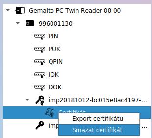 Obrázek 39: Kontextové menu pro smazání certifikátu Po spuštění mazání aplikace uživatele informuje o závažnosti operace: Obrázek 40: Varování před smazáním certifikátu Uživatel může mazání přerušit