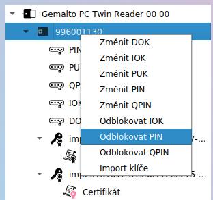 Zablokovaný IOK lze odblokovat pomocí DOK. Zablokovaný PIN lze odblokovat pomocí PUK. Zablokovaný QPIN lze odblokovat pomocí PUK.