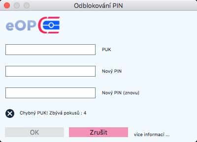 Obrázek 56: Příklad chybového hlášení po neúspěšném odblokování kódu Při změně přístupového kódu může dojít k typickým chybám: Byla zadána nesprávná hodnota odblokovacího kódu.