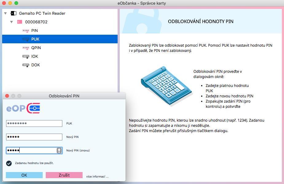 Obrázek 66: Okno pro nastavení hodnoty PIN pomocí PUK Po nastavení hodnoty PIN nabídne Správce karty možnost nastavení QPIN.