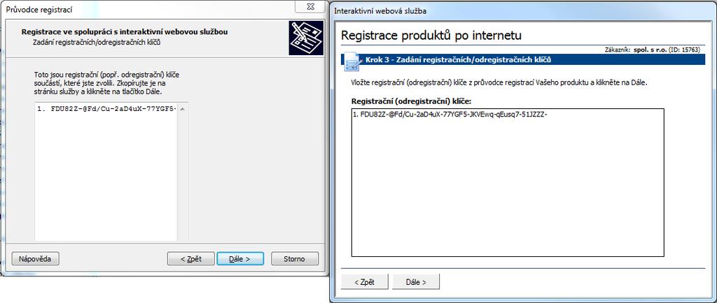 Ihned po klepnutí na tlačítko Dále jsou v okně Průvodce zobrazeny registrační klíče, které jsou automaticky přeneseny do čekajícího okna webové služby.