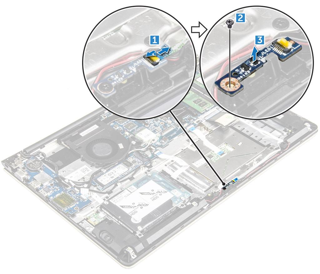 Montáž panelu LED 1 Vložte modul LED do slotu v šasi počítače. 2 Utáhněte šroub, kterým je modul LED připevněn k šasi počítači. 3 Připojte kabely modulu LED k šasi počítače.