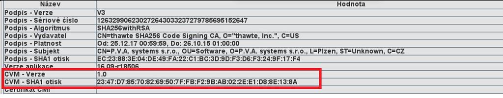 relevantního modulu, jeho verze a číslo certifikátu; zobrazení funkčního