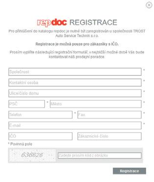 Registrace Pokud nemáte k dispozici přihlašovací údaje pro katalog repdoc, klikněte na tlačítko "Registrace" a vyplňte prosím všechna požadovaná pole.