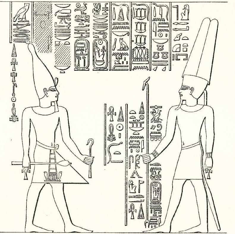Obr. 18 Panovník obnovující monumenty (Gayet 1894, Fig. 53) Ikonograficky se jedná o běžné zobrazení panovníka s bílou hornoegyptskou korunou HD.t na hlavě.