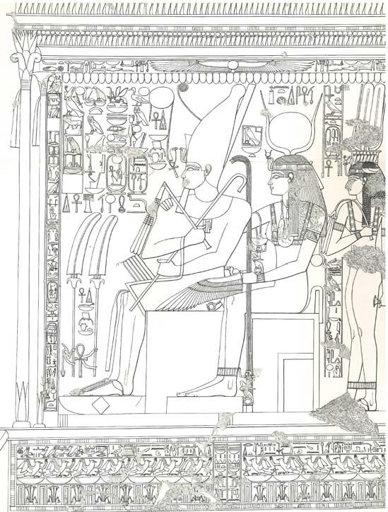 Královna Teje, stojící za svým manželem, jej drží za levé předloktí, má na hlavě korunu ze dvou vysokých per, stejnou, s níž je obvykle zobrazena bohyně Mut; zezadu k týlu Teje je připojen sokol s