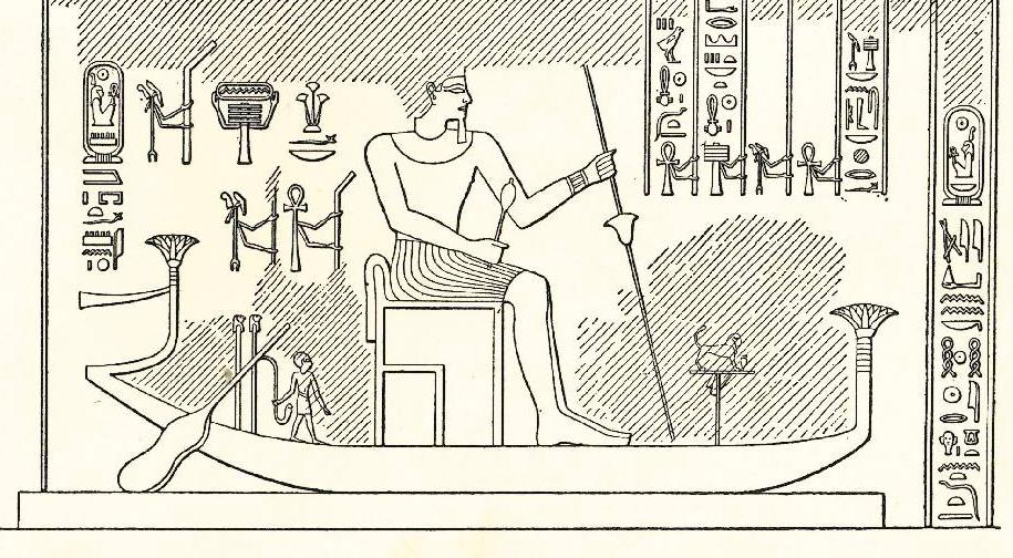 Posledním výjevem ze severní stěny slunečního dvora Amenhotepa III. v luxorském chrámu je vyobrazení panovníka v bárce (Gayet 1894, Pl. 4; Obr. 10). Obr. 10 Panovník ve sluneční bárce (Gayet 1894, Pl.