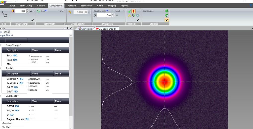 Obrázek 9: BeamGage pracovní okno Před samotným měřením na CCD kameře Spiricon SP503U je nezbytné zaměřit se na tři základní parametry laseru, které určí, zda je toto zařízení vhodné pro získávání