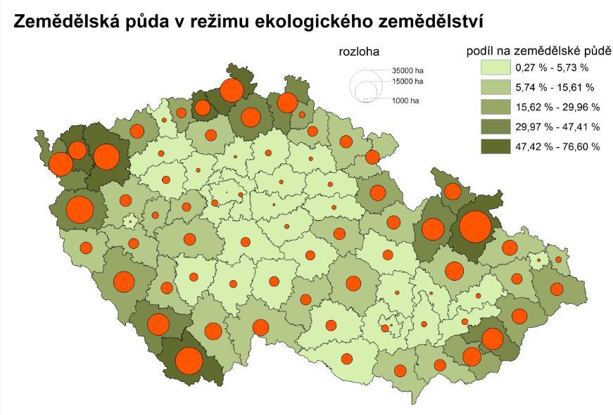 Zdroj: Mze (LPIS 2014); vlastní výpočty ČTPEZ Graf 2: Vývoj výměry půdy v EZ (2006 a 2015) a podíl na celkové z. p. (2015) dle krajů Zdroj: Mze (údaje vždy k 31.12.