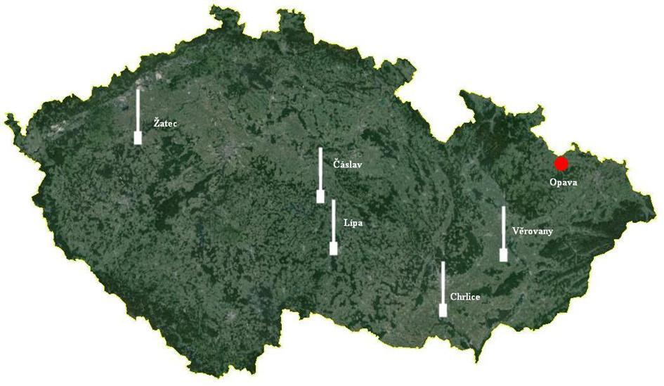 Obrázek 07. Rozmístění sacích pastí v ČR. V těchto pastech dochází k odchytu okřídlených mšic migrujících na středně velké až velké vzdálenosti.