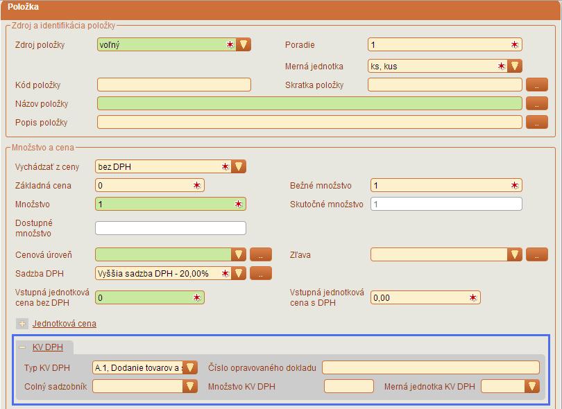 Fakturácia Do položky dokladu fakturácie pribudla nová časť KV DPH, táto časť obsahuje políčka Typ KV DPH, Číslo opravovaného dokladu, Colný sadzobník, Množstvo KV DPH a Merná jednotka KV DPH.