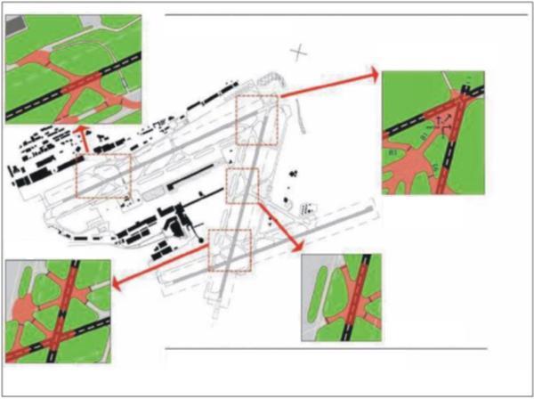 Letadla jedoucí JV po TWY F od FBO nebo nákladní odbavovací plochy používají při odbočování vpravo na TWY J varování. Nepřejíždějte značení vyčkávacího bodu RWY 30