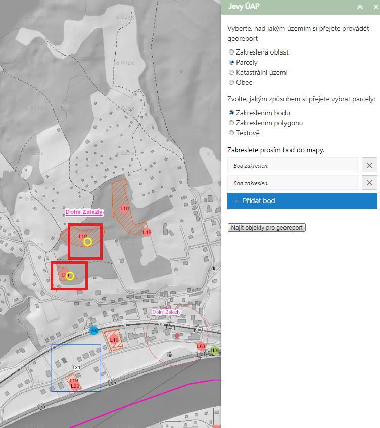 Pokud jste našli svou obec, vyberte možnost, jakým způsobem si přejete vyznačit oblast pro georeport.