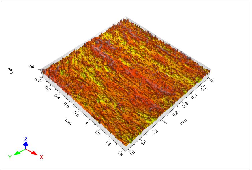 FSI VUT BAKALÁŘSKÁ PRÁCE List 35 Na zobrazení povrchu vzorku s barevnou charakteristikou výšek nerovností povrchu (obr. 5.5) lze pozorovat rýhování typické pro řezání vodním paprskem.