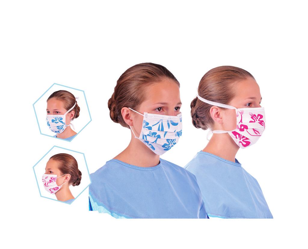 Chirurgické operační masky (ústenky) Operační masky (ústenky) květované Ústenka s úvazky se uchycuje vázacími tkanicemi a je opatřena tvarovacím páskem v oblasti nosu a úst.