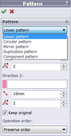 Výběr polí "Linear pattern / Lineární pole" "Circular pattern / Kruhové pole" "Mirror pattern / Zrcadlené pole"