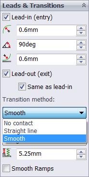 2.35 Způsoby přesunu HSMWorks umožňuje nastavit tři různé způsoby přesunu mezi jednotlivými průchody obrábění, a to: "Smooth / Hladký", "No Conact / Žádný kontakt" a "Straight line / Rovná čára".