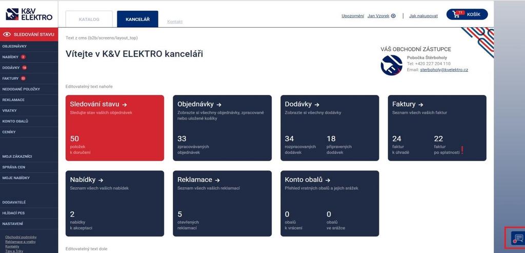 Úvodní obrazovka po přihlášení v horní části se nachází záložky KATALOG a KANCELÁŘ, vpravo pak důležité aktuální zprávy (UPOZORNĚNÍ), sekce MŮJ ÚČET (jméno