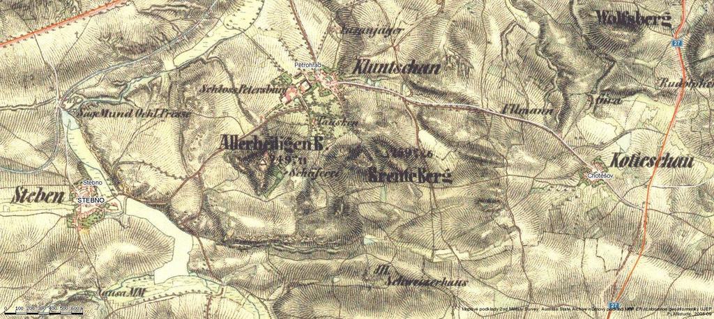 Obr. 1 mapa Petrohrad a okolí z II. Vojenského mapování z let 1836-1852 (zdroj www.oldmaps.geolab.cz) 2.2.1 Ochrana přírody Území bylo již od 18 století využíváno jako park přilehlého zámku.