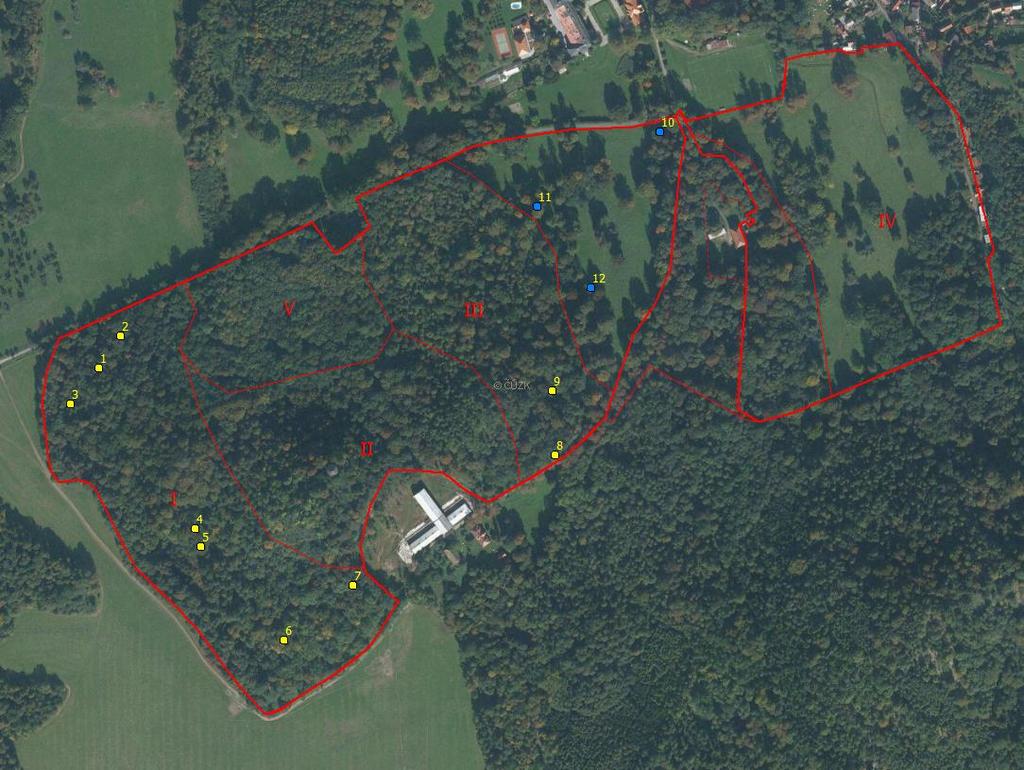 Příloha II mapa B: Rozdělení porostů ve vztahu k předmětu ochrany (červená linka), stromy se