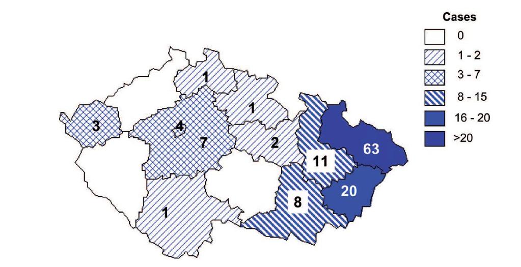 Regionální výskyt Nejvyšší koncentrace případů je v