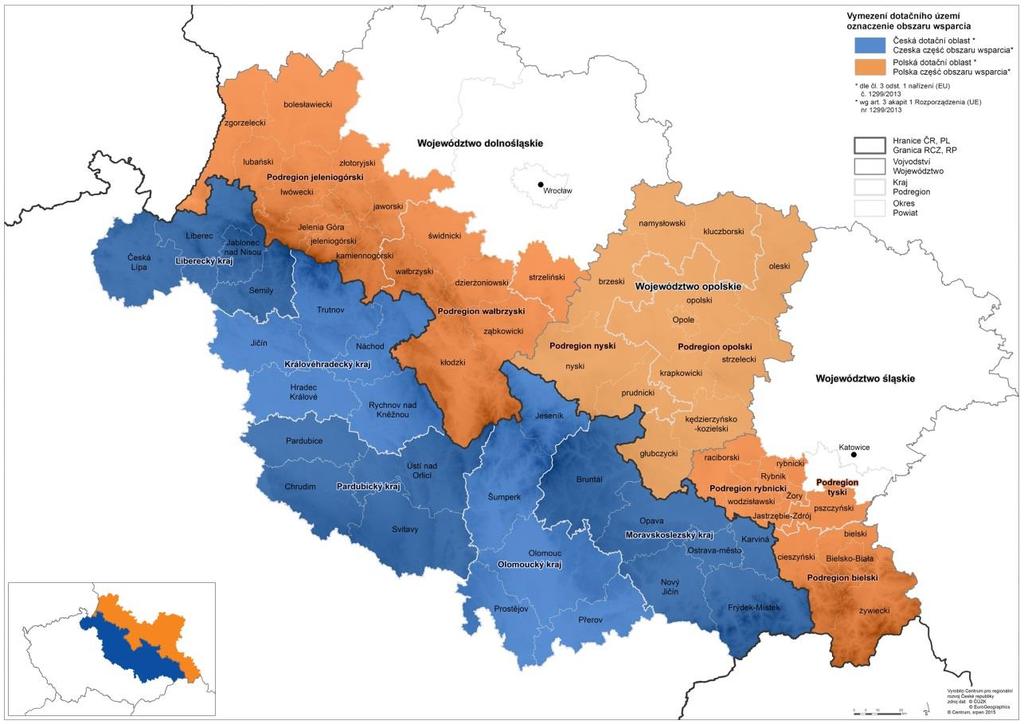 Územní vymezení (CZ-PL) ČR: Liberecký, Královéhradecký, Pardubický, Olomoucký a Moravskoslezský kraj PR: NUTS 3: -bielski a rybnicki (slezské vojvodství), -jeleniogórski a wałbrzyski