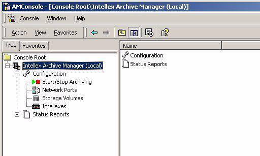 Zobrazení správy Archive Manager Adresářový strom obsahuje následující zobrazení: Tato ikona označuje modul programu Intellex Archive Manager Konfigurace Konfigurační parametry pro Archive Manager