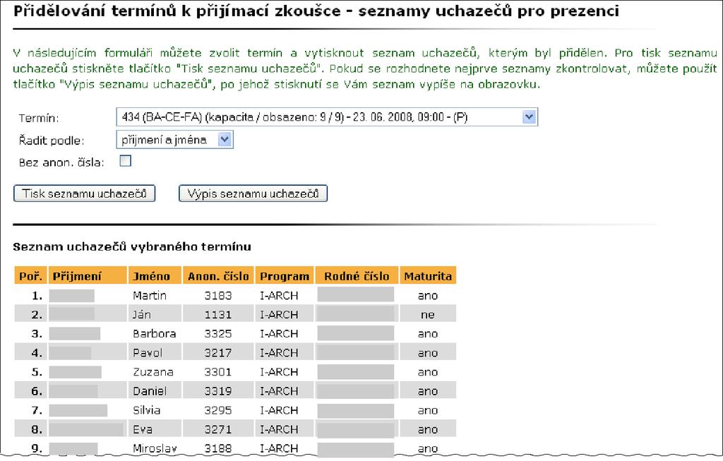 Obrázek 22 Výpis seznamu uchazečů
