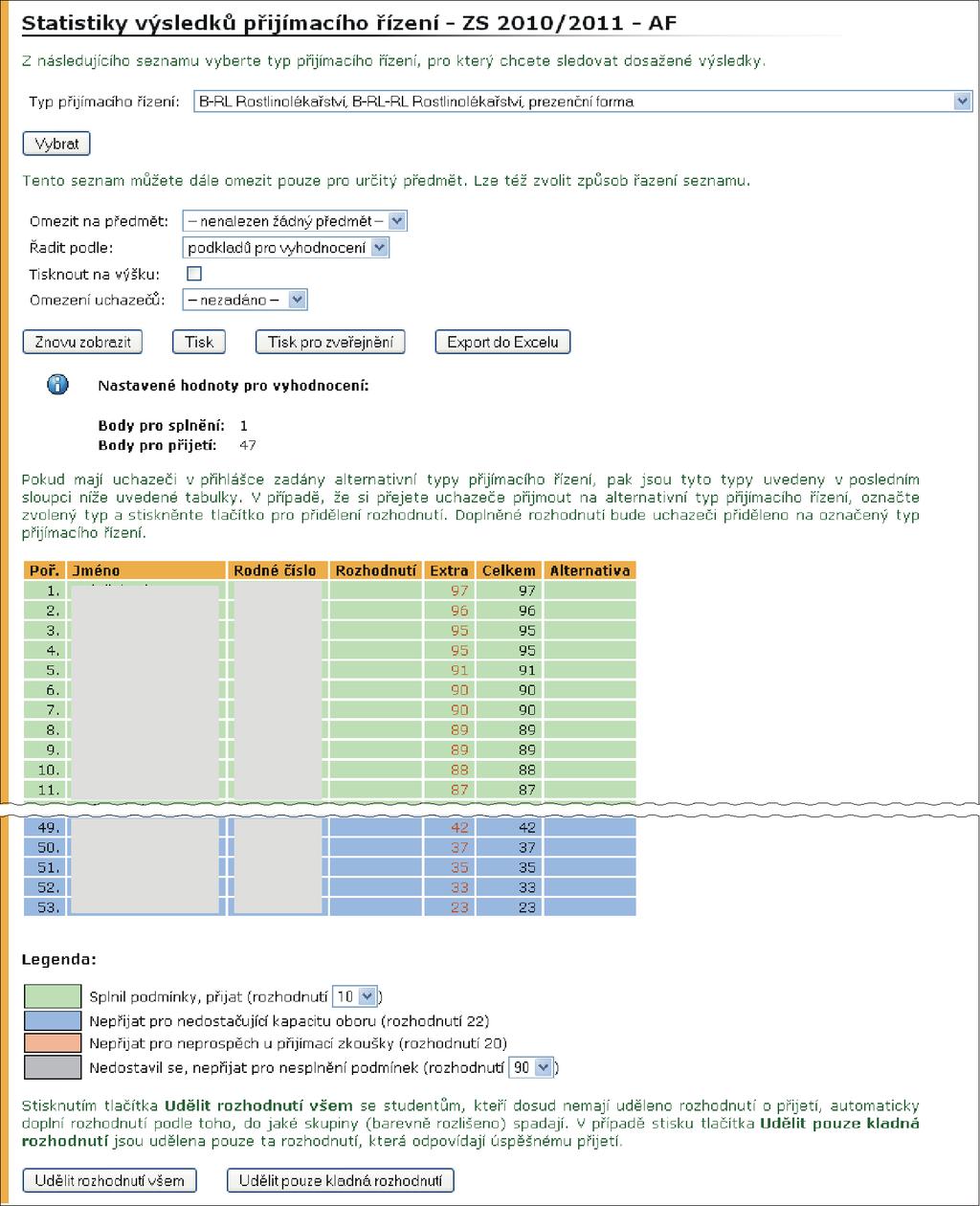 Obrázek 31 Přidělování rozhodnutí dle extrabodů Výsledky testů Výsledky testů lze zobrazit přes ikonu na stránce výběru studijního období (obr. 29).