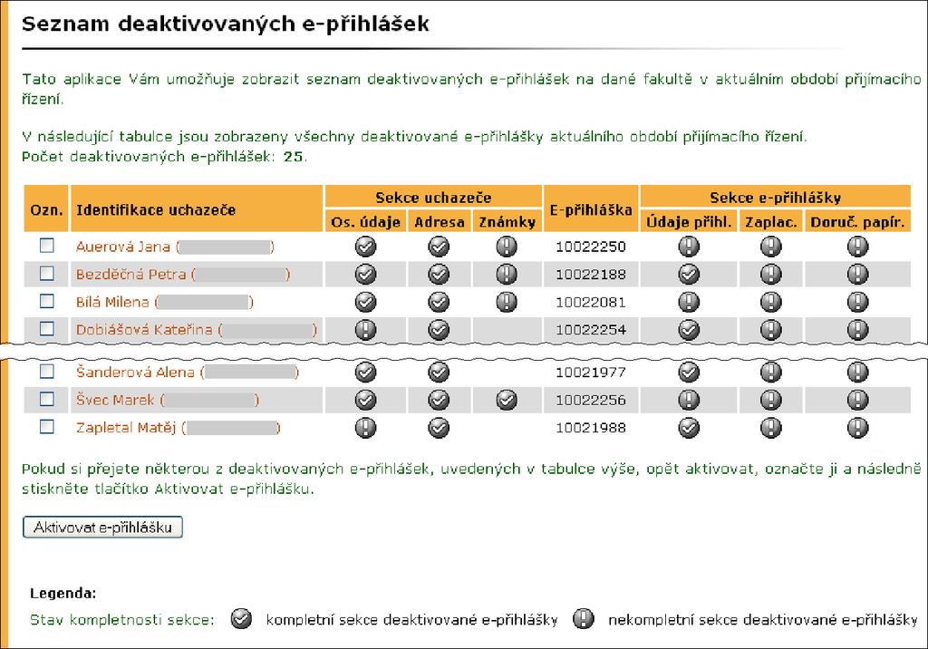 Deaktivované přihlášky Přihlášky, které nejsou úplné, mohou být na žádost uchazeče deaktivovány. Seznam deaktivovaných přihlášek uchazeče je uveden v dolní části stránky s přihláškami (obr. 52).