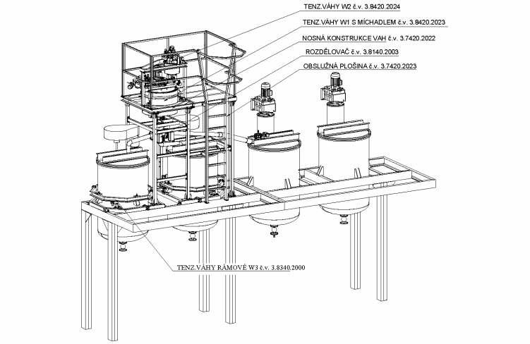 Linka pro dávkování, navažování a míchání kapalin Obrázek č.5 znázorňuje v 3D provedení celého uspořádání linky. Obr. 5.