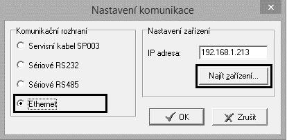 Nastavení přístroje spusťte na PC konfigurační program TSensor přepněte komunikační rozhraní na Ethernet