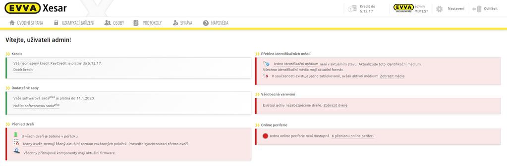 12 Úvodní strana Nově uspořádaný ovládací panel poskytuje administrátorovi možnost rozpoznávat na první pohled stav zabezpečení systému a v případě potřeby odpovídajícím způsobem jednat.