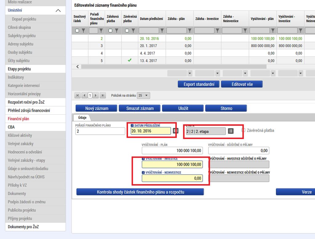 Úpravy finančního plánu (krok č.