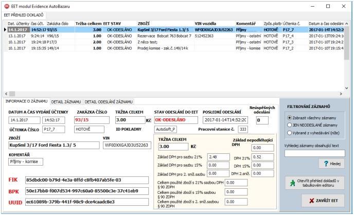 Informace o záznamech EET jsou dostupné z MENU programu Evidence Autobazaru Nabídka MENU - EET / PŘEHLED