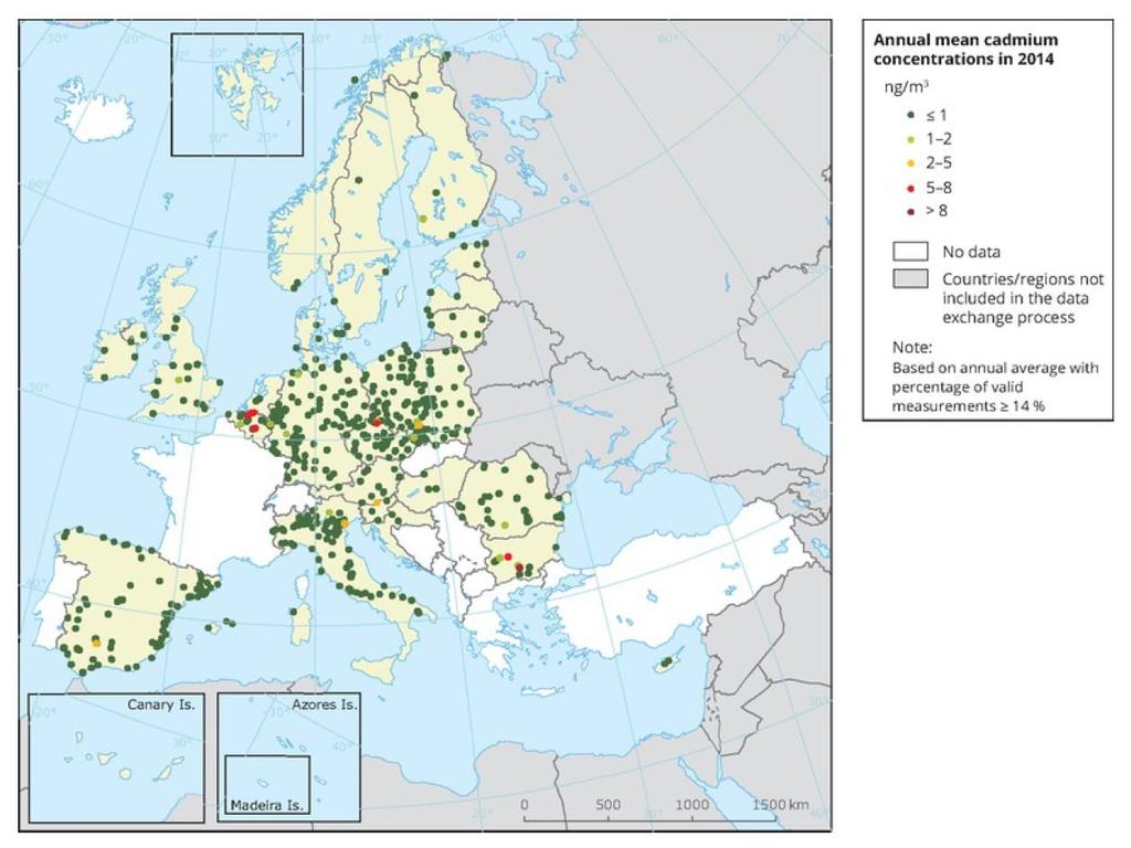 Obr. 2 Mapa průměrných ročních koncentrací kadmia v Evropě v roce 2014 (data EEA).