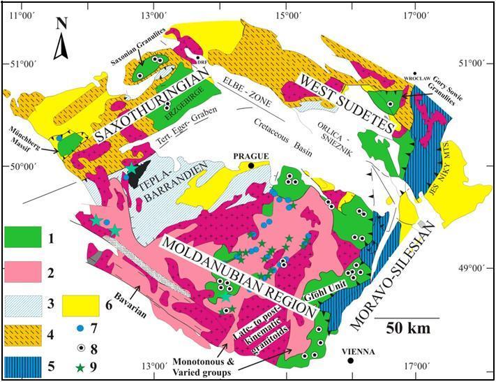 Obr. 1. Schematická geologická mapa Českého masivu (Franke, 2000; upravená: Faryad et al.