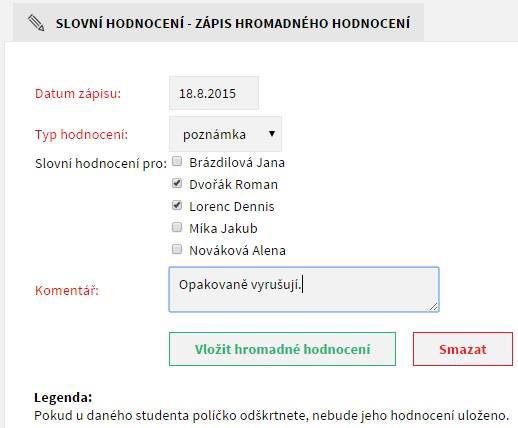 Obrázek 61: Hromadný zápis slovního hodnocení 5.2.