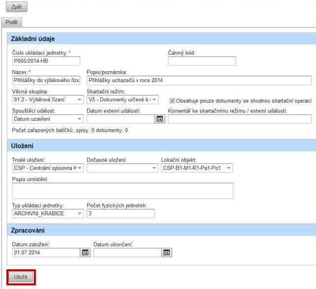 obr. 17. Založení ukládací jednotky 2.6.3. Detail ukládací jednotky a úprava 1.