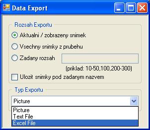 V jeho horní části je nutno nejprve zvolit jaký rozsah dat bude exportován. Jsou dostupné následující možnosti: - Uložení pouze zobrazeného/aktivního snímku.
