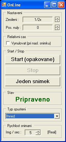 Ten není ještě načten z externí jednotky, a proto je prázdný. V levé části hlavního grafického dialogu je tlačítko OnLine, jímž se vyvolá další dialog pro spuštění měření.