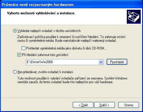 Na následujícím dialogu zatrhnout položku Vyhledat nejlepší ovladač v těchto umístěních (Search for the best driver in these locations) a dále zatrhnout pouze položku Při hledání zahrnout toto